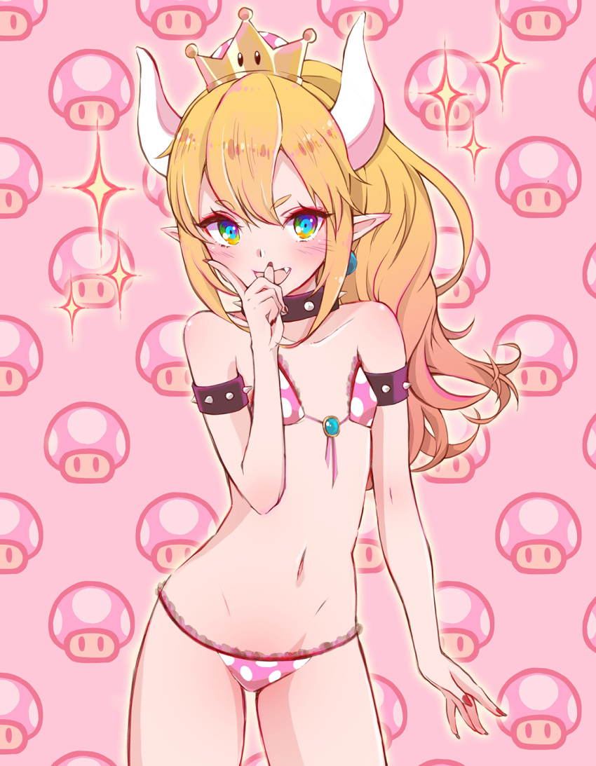 1girl :d bare_shoulders bikini black_collar blonde_hair blue_eyes blush bowsette collar collarbone commentary_request cowboy_shot crown earrings fang fingernails high_ponytail highres horns jewelry long_hair looking_at_viewer super_mario_bros. mini_crown mushroom nail_polish navel new_super_mario_bros._u_deluxe nintendo open_mouth pink_background pink_bikini pointy_ears polka_dot polka_dot_bikini ponytail red_nails sidelocks smile solo sparkle spiked_armlet spiked_collar spikes super_crown swimsuit very_long_hair xenxen