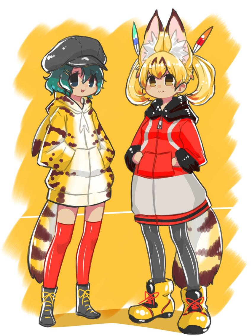 1girl adapted_costume alternate_hairstyle alternate_headwear animal_ear_fluff animal_ears black_hair blonde_hair blue_eyes boots cabbie_hat commentary_request contemporary cosplay costume_switch eyebrows_visible_through_hair fake_animal_ears fake_tail feathers green_hair hair_ornament hairclip hands_in_pockets hat highres hood hood_down hoodie kaban_(kemono_friends) kemono_friends multicolored_hair odorutora3 oversized_clothes pantyhose print_hoodie serval_(kemono_friends) serval_ears serval_print serval_tail short_hair short_twintails tail thigh-highs twintails yellow_eyes