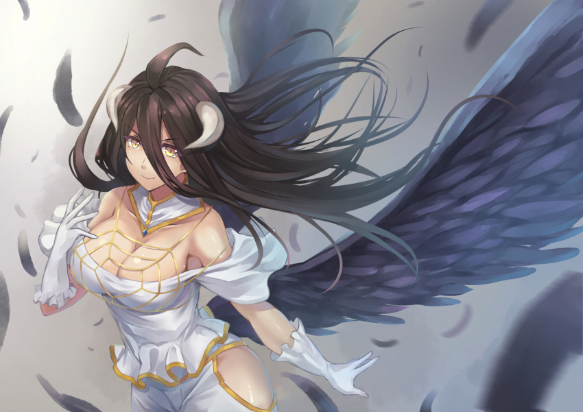 1girl a-na albedo black_hair breasts cleavage horns long_hair overlord_(maruyama) solo wings