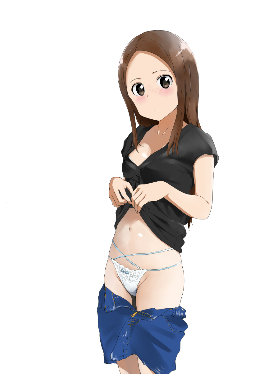 1girl absurdres black_shirt blue_bow blush bow bow_panties breasts brown_eyes brown_hair closed_mouth commentary_request denim denim_skirt forehead highres karakai_jouzu_no_takagi-san legs_together long_hair looking_at_viewer midriff navel open_fly panties shiny shiny_skin shirt shirt_lift short_sleeves simple_background skirt skirt_pull small_breasts solo standing takagi-san tonotyama underwear white_background white_panties zipper