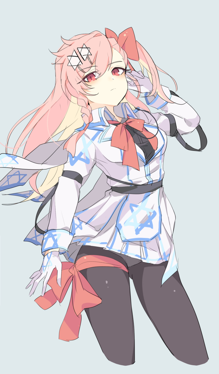 1girl absurdres arm_at_side arm_strap arm_up bangs black_legwear blue_background blush bow braid closed_mouth collared_dress commentary_request contrapposto cropped_legs dress eyebrows_visible_through_hair girls_frontline gloves gluteal_fold hair_bow hair_ornament hairclip hexagram highres jingo layered_dress long_hair long_sleeves looking_at_viewer medium_hair neck_ribbon negev_(girls_frontline) one_side_up panties pantyshot pantyshot_(standing) pink_hair red_bow red_eyes red_neckwear red_ribbon ribbon short_dress side_braid simple_background solo standing star star_hair_ornament star_of_david swept_bangs thigh_ribbon underwear white_gloves white_panties