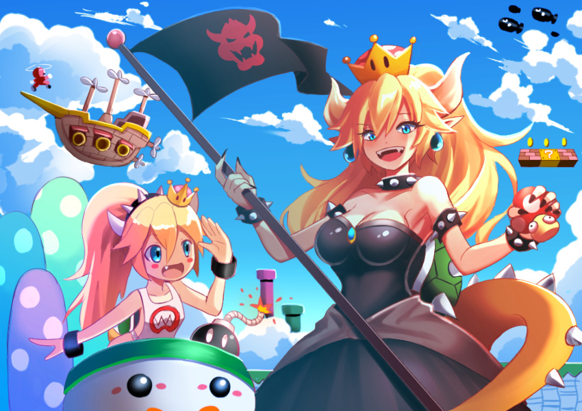1up aircraft airship black_dress blonde_hair blue_eyes blue_sky bob-omb bowsette bowsette_jr. bracelet breasts brooch bullet_bill choker cleavage dress earrings eyebrows_visible_through_hair fang fangs highres horns jewelry looking_at_viewer mario mother_and_daughter mushroom new_super_mario_bros._u_deluxe nintendo open_mouth pixitales pointy_ears ponytail sky smile spiked_armlet spiked_bracelet spiked_choker spikes strapless strapless_dress super_crown super_mario_bros. tail warp_pipe