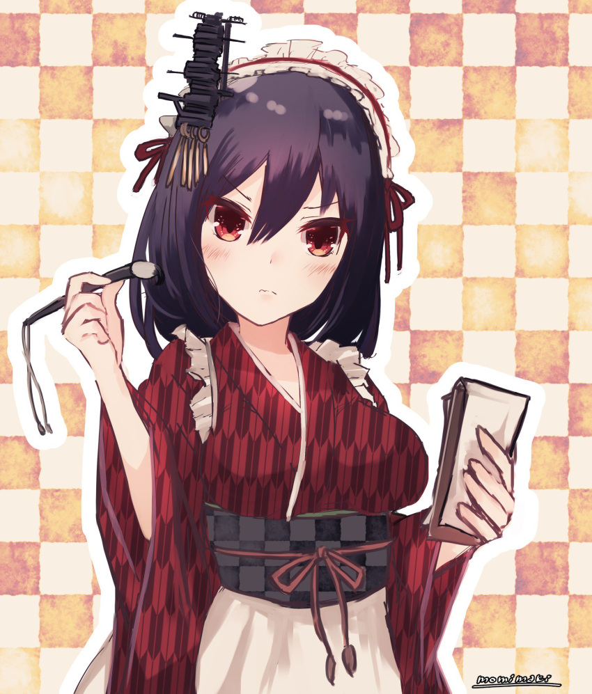 1girl alternate_costume artist_name black_hair breasts calligraphy_brush checkered checkered_background enmaided hair_ornament highres holding_brush holding_notepad japanese_clothes kantai_collection kimono large_breasts looking_at_viewer maid maid_headdress momiji_(103) paintbrush red_eyes red_kimono short_hair solo wa_maid yamashiro_(kantai_collection)