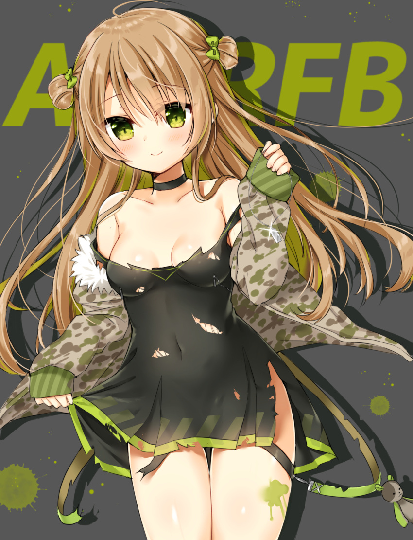 1girl bangs black_dress blonde_hair blush breasts camouflage_jacket choker cleavage collarbone covered_navel cowboy_shot dress eyebrows_visible_through_hair girls_frontline green_eyes highres jacket legs_together long_hair long_sleeves looking_at_viewer no_bra off_shoulder paint_stains rfb_(girls_frontline) shadow short_dress side_bun sleeves_past_wrists smile solo standing thigh_gap torn_clothes torn_dress uchuuneko