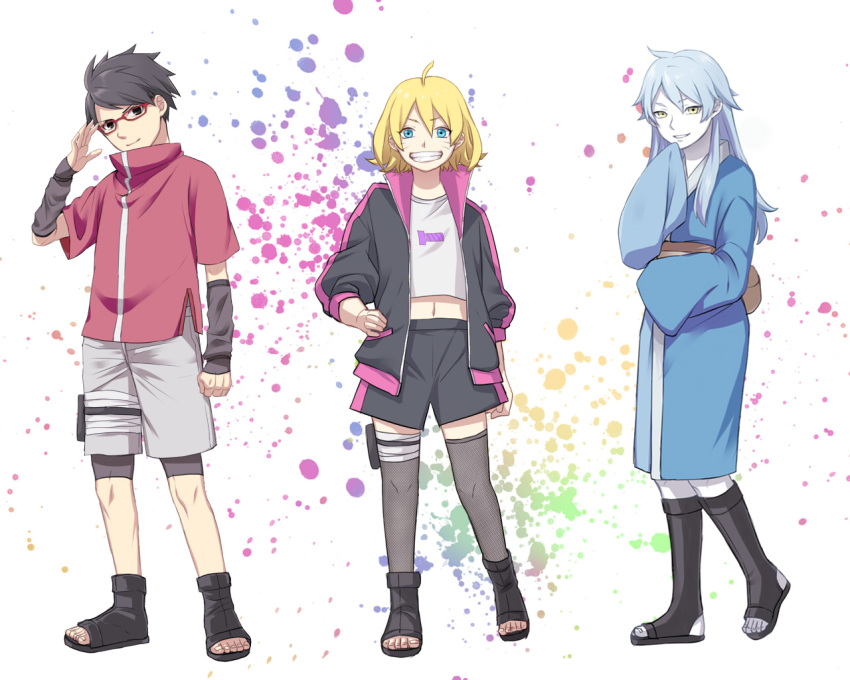 1boy 2girls adjusting_eyewear ahoge black_legwear blonde_hair boruto:_naruto_next_generations boruto:_naruto_the_movie fishnet_legwear fishnets genderswap genderswap_(ftm) genderswap_(mtf) glasses grin jacket japanese_clothes komedai long_hair looking_at_viewer midriff mitsuki_(naruto) multiple_girls naruto_(series) navel short_hair shorts sleeves_past_fingers sleeves_past_wrists smile thigh-highs uchiha_sarada uzumaki_boruto