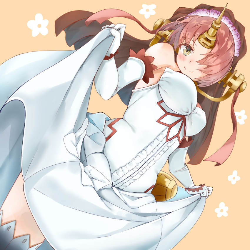 1girl breasts brown_eyes dress elbow_gloves fate/apocrypha fate/grand_order fate_(series) frankenstein's_monster_(fate) gloves hair_over_eyes hair_over_one_eye headgear highres horn looking_at_viewer nyoon pink_hair short_hair solo veil wedding_dress white_dress white_gloves
