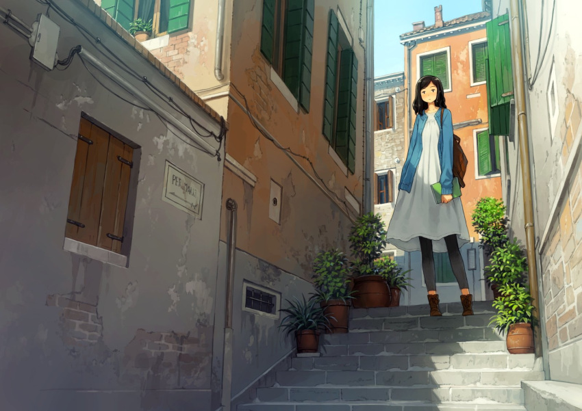 1girl backpack bag black_hair blush book closed_mouth day eyebrows_visible_through_hair highres holding holding_book long_hair looking_at_viewer original outdoors pipes plant potted_plant scenery shutter sign solo standing window wire yoshida_seiji