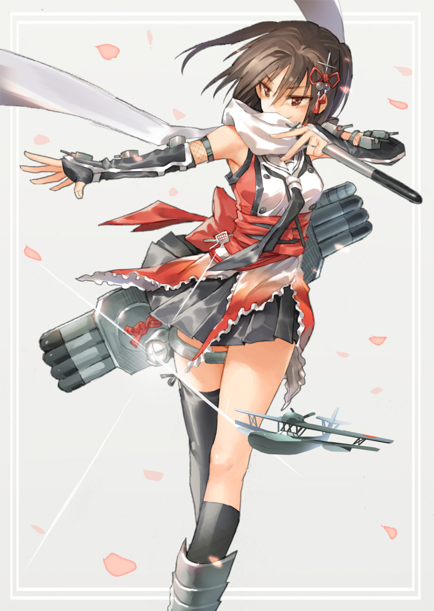 aircraft airplane bare_shoulders black_hair black_legwear black_neckwear black_skirt brown_eyes brown_hair cherry_blossoms commentary double-breasted elbow_gloves fingerless_gloves fishnets flying_boat gloves hair_ornament highres jewelry kantai_collection kneehighs neckerchief ring scarf seaplane searchlight sendai_(kantai_collection) short_hair single_kneehigh single_thighhigh skirt smile thigh-highs torpedo torpedo_launcher torpedo_tubes tugo two_side_up wedding_band white_scarf wind