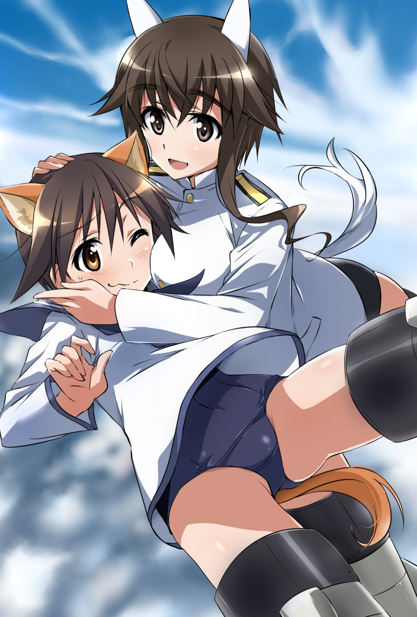 absurdres animal_ears blush breasts brown_eyes brown_hair dog_ears highres looking_at_viewer medium_breasts midair military military_uniform miyafuji_yoshika multiple_girls no_pants outdoors school_swimsuit shiny shiny_hair shiny_skin short_hair smile strike_witches striker_unit swimsuit swimsuit_under_clothes takei_junko tokiani uniform world_witches_series