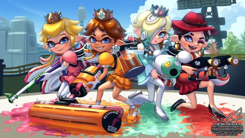 4girls black_hair blonde_hair blue_eyes brown_hair company_connection earrings eyeshadow fangs hair_over_one_eye hat ink inkling jewelry looking_at_viewer makeup super_mario_bros. multicolored_hair multiple_girls nintendo octoling open_mouth pauline_(mario) princess_daisy princess_peach rosetta_(mario) smile splat_charger_(splatoon) splat_dualies_(splatoon) splat_roller_(splatoon) splatoon standing suction_cups super_mario_bros. super_mario_galaxy super_mario_odyssey super_smash_bros. tentacle_hair theskywaker two-tone_hair weapon