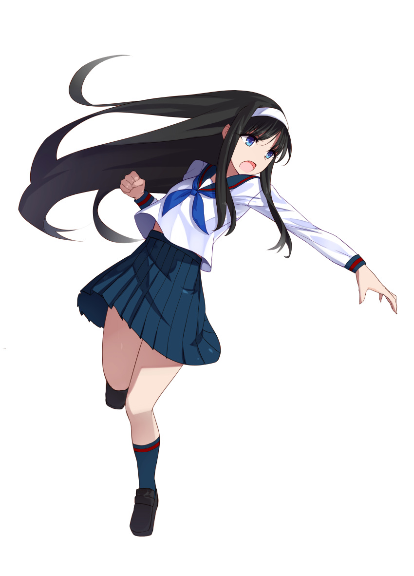1girl absurdres apo_(apos2721) bangs black_hair blue_legwear blue_ribbon blue_skirt clenched_hand commentary_request full_body hairband highres loafers long_hair long_sleeves melty_blood open_mouth pleated_skirt ribbon sailor_collar school_uniform serafuku shoes sidelocks skirt socks solo tohno_akiha transparent_background tsukihime very_long_hair white_hairband