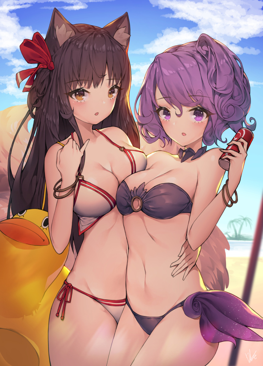 2girls ahri animal_ears arched_back asymmetrical_docking bangs beach bikini blush bracelet breast_press breasts brown_eyes brown_hair can cleavage clouds cloudy_sky commentary_request cowboy_shot curly_hair eyebrows_visible_through_hair hair_ornament highres holding hug jewelry league_of_legends lee_seok_ho long_hair looking_at_viewer luxanna_crownguard multiple_girls navel o-ring o-ring_top ocean open_mouth outdoors pinky_out purple_bikini purple_hair short_hair side-tie_bikini sky swimsuit violet_eyes waist_hug white_bikini