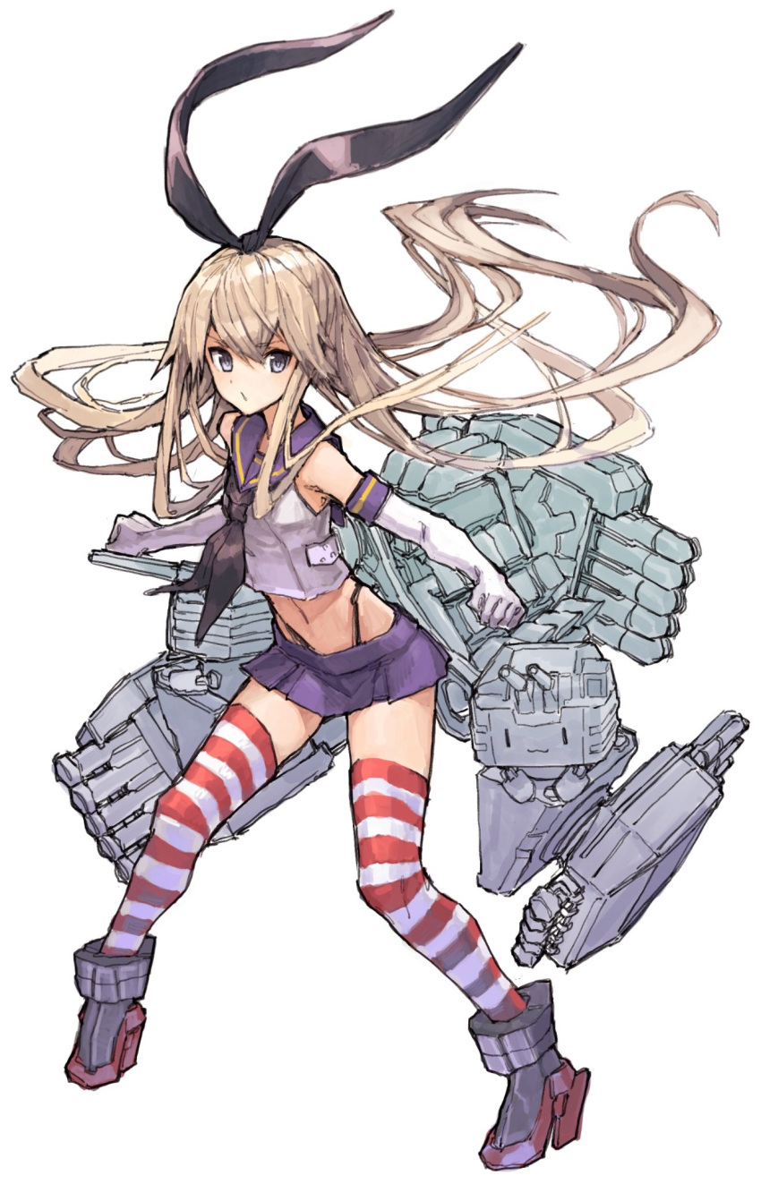 1girl air_qh anchor_hair_ornament black_neckwear black_panties blonde_hair blue_sailor_collar blue_skirt crop_top elbow_gloves full_body gloves grey_eyes hair_ornament hairband highleg highleg_panties highres kantai_collection long_hair looking_at_viewer machinery microskirt miniskirt neckerchief o3o panties pleated_skirt rensouhou-chan sailor_collar shimakaze_(kantai_collection) simple_background skirt solo striped striped_legwear thigh-highs underwear white_background white_gloves