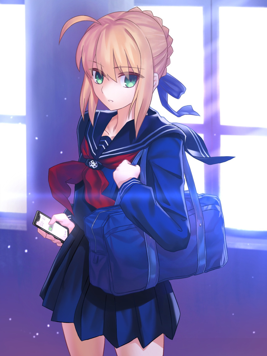 1girl ahoge artoria_pendragon_(all) bag bangs berrykanry blonde_hair blue_bow blue_sailor_collar blue_serafuku blue_shirt blue_skirt bow braid capsule_servant cellphone collarbone commentary_request cowboy_shot day eyebrows_visible_through_hair fate_(series) green_eyes hair_between_eyes hair_bow hand_up highres holding holding_cellphone holding_phone indoors long_sleeves looking_at_viewer master_artoria neckerchief parted_lips phone pleated_skirt red_neckwear sailor_collar school_bag school_uniform serafuku shirt sidelocks skirt solo standing sunlight window