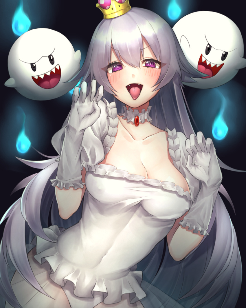 1girl bangs blush boo breasts brooch cleavage collar collarbone covered_navel crown dress erect_nipples eyebrows_visible_through_hair fangs frilled_collar frilled_dress frilled_gloves frills ghost ghost_pose gloves hair_between_eyes hands_up highres hitodama jewelry large_breasts long_hair looking_at_viewer luigi's_mansion super_mario_bros. new_super_mario_bros._u_deluxe nintendo open_mouth panties princess_king_boo puffy_short_sleeves puffy_sleeves see-through short_sleeves silver_hair smile super_crown super_mario_bros. tongue tongue_out underwear very_long_hair violet_eyes white_dress white_gloves white_panties yayoimaka03
