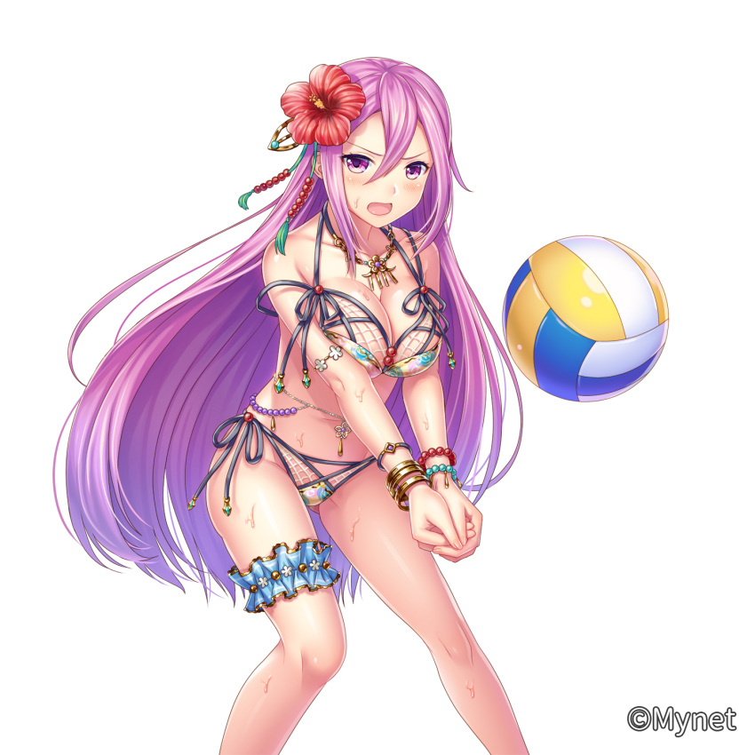 1girl bangle bead_bracelet beads bikini blush bracelet breasts cleavage company_name flower hair_between_eyes hair_flower hair_ornament hibiscus highres jewelry looking_at_viewer medium_breasts navel necklace official_art otosume_ruiko purple_hair sangoku_infinity solo standing swimsuit thigh_strap violet_eyes volleyball wet white_background