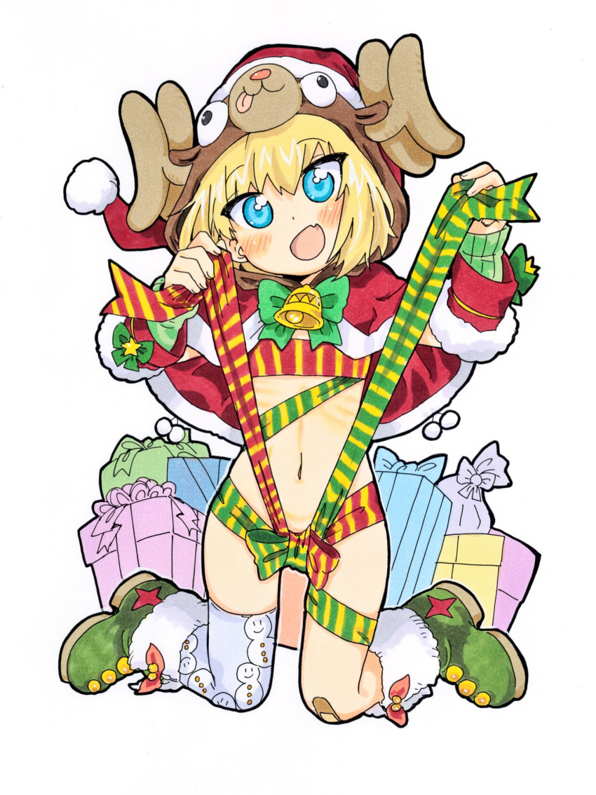 1girl animal_hood bandaid bandaid_on_knee bangs bell bikini blush boots bow bowtie capelet christmas commentary eyebrows_visible_through_hair fang fanta_(the_banana_pistols) full_body fur-trimmed_boots fur_trim gift girls_und_panzer green_footwear green_neckwear hat head_tilt highres holding holding_plate hood jingle_bell katyusha kneeling long_sleeves looking_at_viewer navel open_mouth plate print_legwear red_capelet red_hat reindeer_hood ribbon santa_costume santa_hat short_hair single_thighhigh skindentation smile snowman_print solo swimsuit thigh-highs traditional_media white_legwear