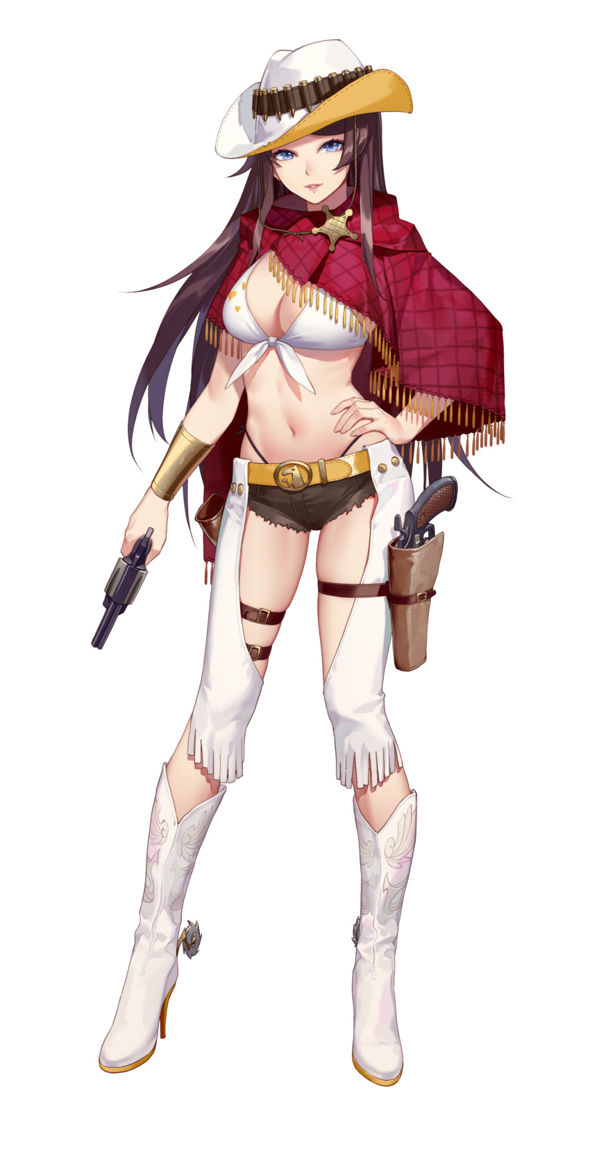1girl absurdres badge belt blue_eyes boots breasts brown_hair bullet chaps cowboy_boots cowboy_hat daye_bie_qia_lian dress full_body gun hair_ornament hand_on_hip handgun hat high_heels highres holding holding_gun holding_weapon holster holstered_weapon large_breasts long_hair looking_at_viewer mole mole_under_mouth navel poncho revolver romantic_saga_of_beauty_&amp;_devil simple_background smile solo spurs standing weapon white_background