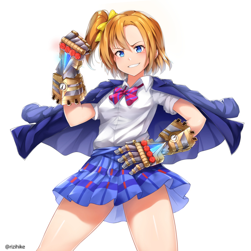 1girl bangs blue_eyes blue_skirt bow bowtie breasts clenched_hand commentary commission crossover english_commentary forehead gauntlets grin hair_bow hand_on_hip highres jacket_on_shoulders kousaka_honoka league_of_legends love_live! love_live!_school_idol_project medium_breasts one_side_up orange_hair pink_bow plaid plaid_skirt pleated_skirt rizihike skirt smile solo vi_(league_of_legends) watch watch white_background yellow_bow