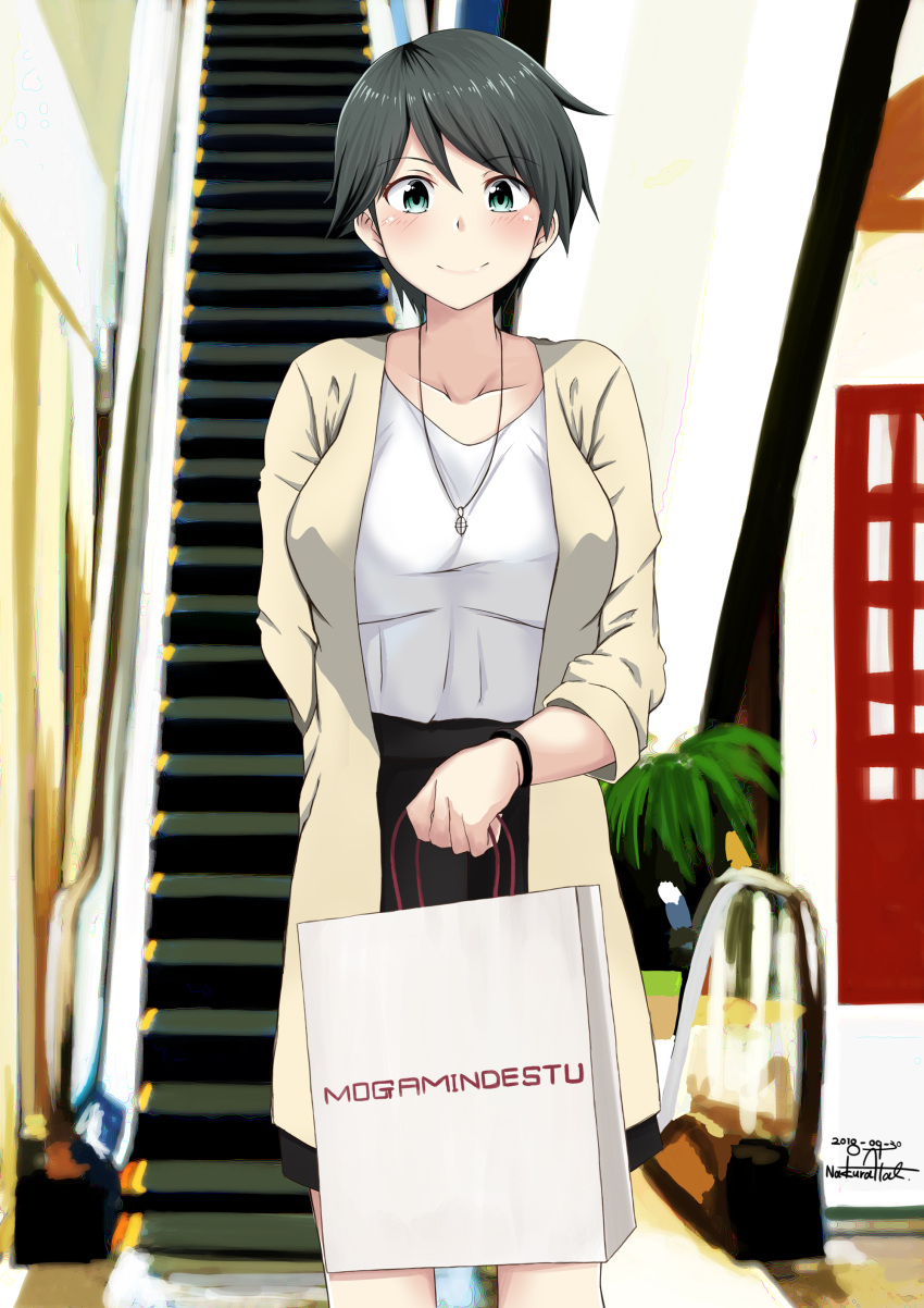 1girl absurdres alternate_breast_size bag beige_blazer black_skirt blazer brand_name_imitation breasts brown_eyes commentary_request escalator feet_out_of_frame green_eyes highres jacket jewelry kantai_collection large_breasts looking_at_viewer mogami_(kantai_collection) nakura_haru necklace shirt shopping_bag short_hair skirt smile solo standing white_shirt