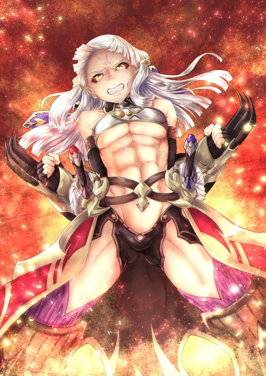 1girl abs absurdres bandeau bangs bare_shoulders belt black_gloves black_sclera blue_ribbon blunt_bangs breasts brown_belt cape claw_(weapon) clenched_hands clenched_teeth commentary_request elbow_gloves fate/grand_order fate_(series) fingerless_gloves floating_hair fur-trimmed_cape fur_trim gloves grey_hair hair_ribbon head_tilt highres huge_filesize kuromu legs_apart long_hair looking_at_viewer medium_breasts penthesilea_(fate/grand_order) purple_legwear red_cape ribbon scabbard serious sheath sheathed sidelocks solo sparks standing sword teeth thigh-highs toned under_boob waist_cape weapon wing_collar yellow_eyes