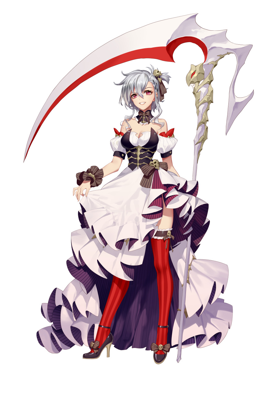 1girl absurdres bare_shoulders breasts daye_bie_qia_lian dress dress_lift evil_smile full_body grey_hair hair_ornament high_heels highres holding holding_scythe lifted_by_self long_hair looking_at_viewer medium_breasts pink_eyes red_legwear romantic_saga_of_beauty_&amp;_devil scythe short_hair_with_long_locks simple_background skull_hair_ornament slit_pupils smile solo standing striped thigh-highs vertical_stripes white_background