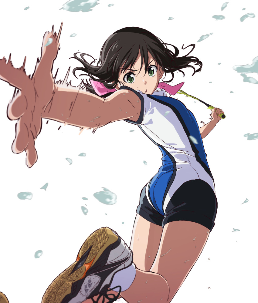 1girl :o absurdres ass badminton_racket bow foreshortening green_eyes hair_bow hanebado! hanesaki_ayano highres long_hair motion_lur pink_bow racket rown_hair solo sweat tomato_(lsj44867) twisted_torso white_background