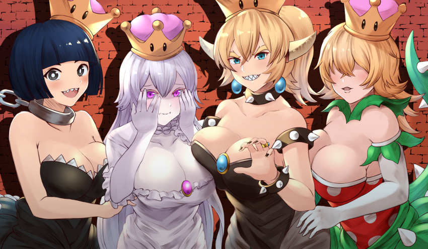 4girls aqua_eyes bangs bare_shoulders black_dress black_nails blonde_hair blue_earrings blue_hair blunt_bangs blush bob_cut bowsette bracelet breast_press breasts brick_wall brooch chains choker cleavage collar collarbone covering_face dress elbow_gloves fangs_out frilled_choker frilled_dress frills gloves green_skirt haido_(ryuuno_kanzume) hair_between_eyes hair_over_eyes highres horns jewelry large_breasts lavender_hair layered_clothing light long_hair looking_at_viewer super_mario_bros. multiple_girls nail_polish new_super_mario_bros._u_deluxe nintendo open_mouth pale_skin piranha_plant polka_dot polka_dot_dress princess_chain_chomp princess_king_boo puffy_short_sleeves puffy_sleeves shadow shiny shiny_clothes shiny_hair shiny_skin short_hair short_sleeves shy sidelocks skirt spiked_bracelet spiked_collar spiked_tail spikes strapless strapless_dress super_crown thick_eyebrows upper_body very_long_hair violet_eyes waist_cape white_choker white_gloves