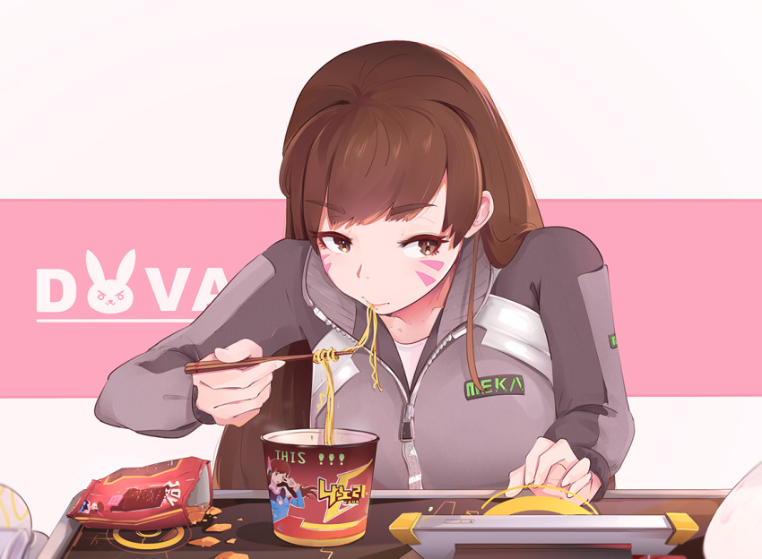 1girl bangs brown_eyes brown_hair character_name chips chopsticks closed_mouth clothes_writing collarbone commentary crumbs d.va_(overwatch) eating eyebrows eyebrows_visible_through_hair eyelashes facial_mark food food_in_mouth grey_jacket hair_down hand_up high_collar holding holding_chopsticks jacket logo long_hair long_sleeves meka_(overwatch) noodles overwatch partially_unzipped potato_chips ramen ramen shirt shooting_star_d.va solo star-kiss swept_bangs two-tone_background whisker_markings white_shirt zipper zipper_pull_tab