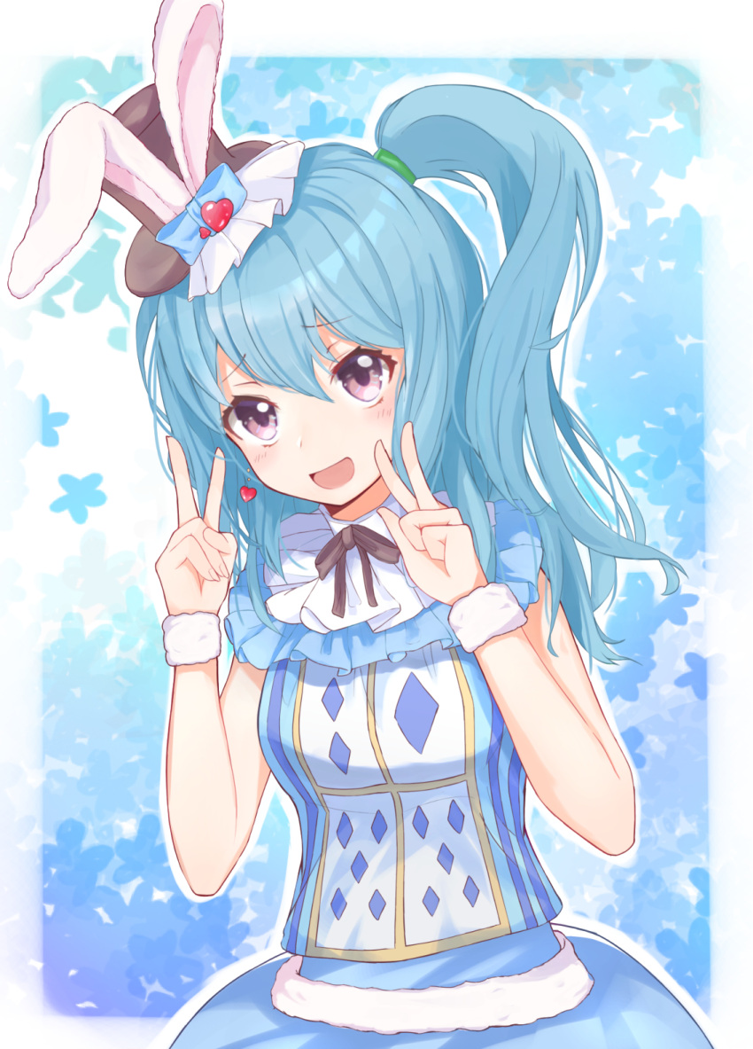 1girl :d animal_ears bang_dream! bangs black_neckwear blue_bow blue_dress blue_hair blush bow dress earrings eyebrows_visible_through_hair fake_animal_ears frills hair_tie hands_up hat hat_bow hat_ornament heart heart_earrings highres jewelry long_hair looking_at_viewer matsubara_kanon neck_ribbon one_side_up open_mouth playing_card_print rabbit_ears ribbon smile solo takeyashi_(user_dnne7725) v violet_eyes w wristband