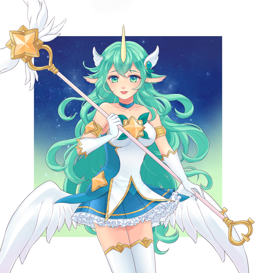 1girl alternate_costume alternate_eye_color alternate_hair_color animal_ears armlet bare_shoulders blue_choker blue_skirt breasts choker elbow_gloves gloves green_eyes green_hair highres holding holding_staff horn league_of_legends long_hair looking_at_viewer mad39 magical_girl medium_breasts night night_sky outdoors pointy_ears skirt sky smile solo soraka staff standing star_guardian_soraka thigh-highs very_long_hair white_gloves white_legwear wings