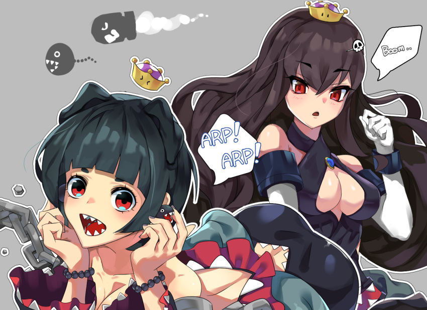 &gt;_&lt; 2girls bare_shoulders black_dress black_hair breasts bullet_bill chains cleavage collarbone commentary_request crown dress earrings gimnang gloves grey_nails hair_between_eyes hair_ornament hairclip jewelry long_hair looking_at_viewer super_mario_bros. multiple_girls nail_polish nintendo open_mouth princess_chain_chomp redhead sharp_teeth simple_background skull_hair_ornament speech_bubble super_crown teeth white_gloves