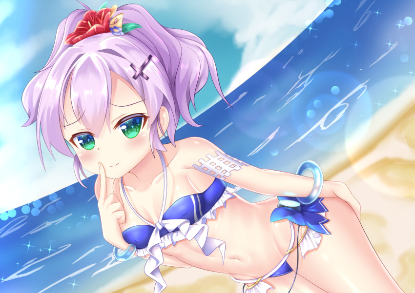 1girl azur_lane bangs bare_shoulders beach bikini blue_bikini blue_flower blue_sky breasts cleavage closed_mouth clouds cloudy_sky collarbone commentary_request day erect_nipples eyebrows_visible_through_hair fingernails flower green_eyes groin hair_between_eyes hair_flower hair_ornament halter_top halterneck hand_on_own_ass horizon index_finger_raised javelin_(azur_lane) leaning_forward light_smile navel ocean outdoors ponytail purple_hair red_flower revision sand sky small_breasts solo ss851251 swimsuit thighs water