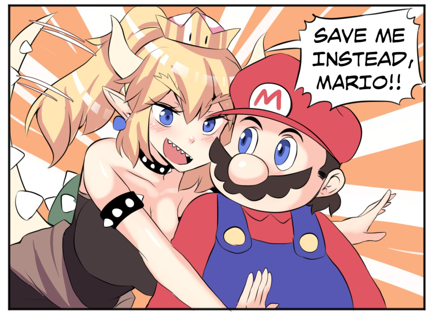 1boy 1girl bare_shoulders black_dress blue_overalls blush bowsette bracelet breasts brooch bush cleavage collar comic dress earrings english facial_hair forked_eyebrows hat highres hinghoi horns hug hug_from_behind jewelry large_breasts long_ponytail mario super_mario_bros. mustache new_super_mario_bros._u_deluxe nintendo pointy_ears red_hat red_shirt sharpteeth shirt smile spiked_bracelet spiked_collar spiked_shell spiked_tail spikes super_crown super_mario_bros. thick_eyebrows