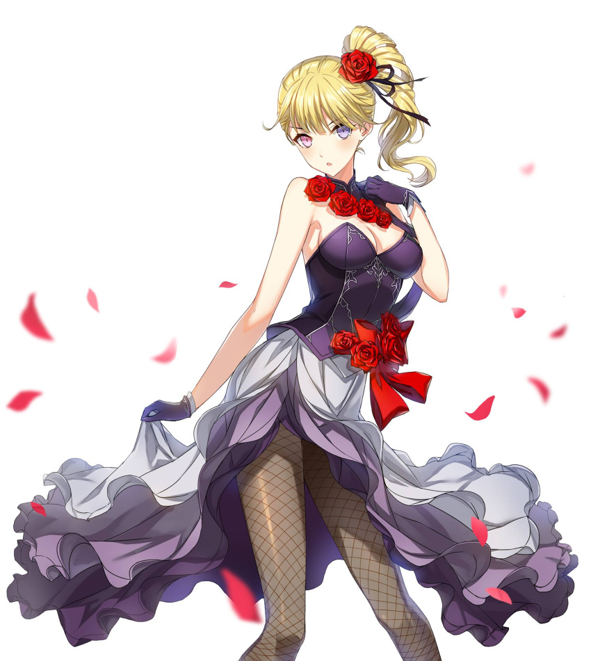 1girl black_ribbon blonde_hair breasts choker cleavage closers fishnet_pantyhose fishnets floating_hair flower gloves grey_legwear hair_flower hair_ornament hair_ribbon heterochromia highres layered_skirt long_hair looking_at_viewer medium_breasts official_art open_mouth pantyhose petals pink_eyes purple_gloves red_flower red_rose ribbon rose shiny shiny_clothes shiny_hair side_ponytail side_slit sideboob simple_background skirt_hold solo standing strapless violet_eyes white_background