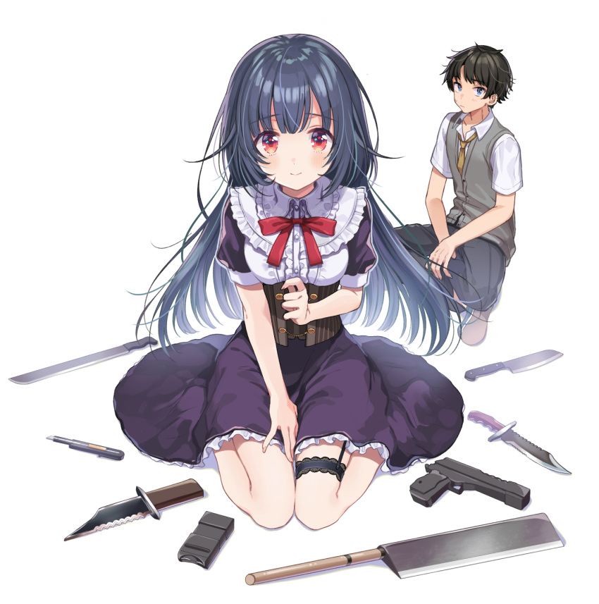 1boy 1girl bangs between_legs black_dress black_hair black_pants blue_eyes blunt_bangs blush boku_to_kanojo_no_death_game_seisaku_katsudou boxcutter breasts center_frills closed_mouth commentary_request corset dress dress_shirt eyebrows_visible_through_hair frilled_shirt_collar frills full_body garter_straps grey_vest gun hand_between_legs handgun hatchet highres indian_style knife leg_garter long_hair looking_at_viewer medium_breasts neck_ribbon necktie official_art pants pistol puffy_short_sleeves puffy_sleeves red_eyes red_ribbon ribbon shigure_ui shirt short_sleeves simple_background sitting smile stun_gun sweatdrop vest wariza weapon white_background white_shirt