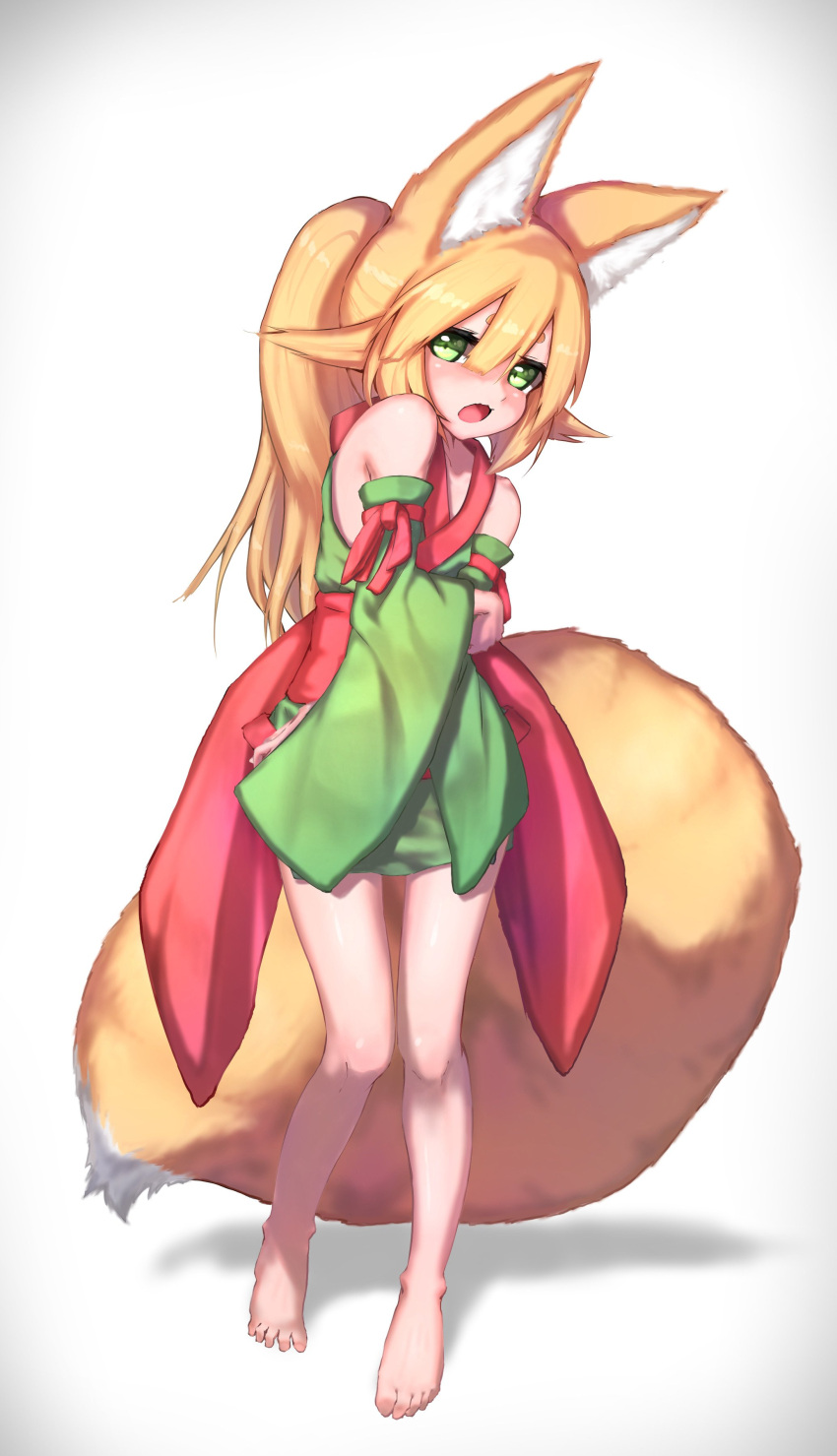 1girl absurdres akatsuki_urara animal_ear_fluff animal_ears bangs bare_shoulders barefoot blonde_hair blunt_bangs blush crossed_arms detached_sleeves fox_ears fox_tail fukutchi full_body green_eyes hair_between_eyes highres japanese_clothes kimono looking_at_viewer original ponytail ribbon short_kimono short_yukata simple_background solo standing tail yukata