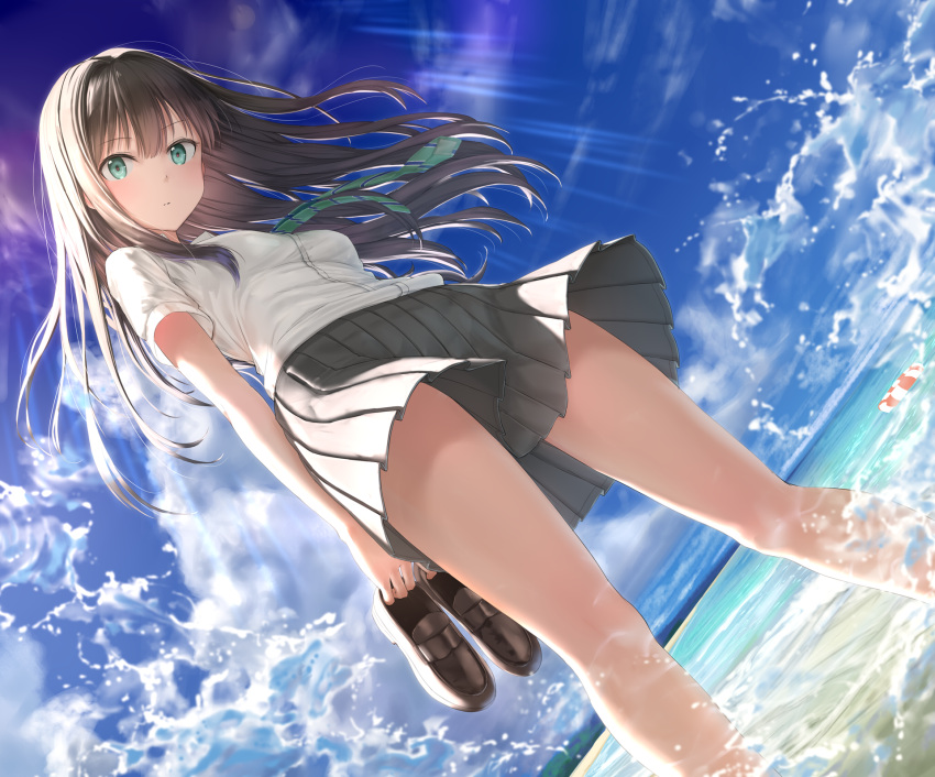 1girl bangs beach blue_sky breasts brown_footwear brown_hair closed_mouth clouds cloudy_sky commentary_request day eyebrows_visible_through_hair from_behind green_eyes green_neckwear grey_skirt hair_between_eyes highres holding holding_shoes horizon idolmaster idolmaster_cinderella_girls kachayori lifebuoy loafers long_hair looking_at_viewer looking_down necktie ocean outdoors pleated_skirt sand school_uniform shibuya_rin shirt shoes shoes_removed short_sleeves skirt sky small_breasts solo standing striped_neckwear very_long_hair wading water water_drop white_shirt