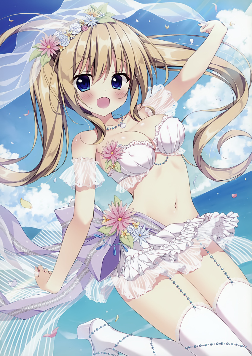 1girl :d absurdres arm_strap arm_up blonde_hair blue_eyes blue_sky blush bow clouds collarbone day erect_nipples eyebrows_visible_through_hair floating_hair flower garter_straps hair_between_eyes hair_flower hair_ornament head_wreath highres leg_up long_hair looking_at_viewer navel open_mouth original outdoors petals pink_flower purple_bow seashell_necklace see-through shiny shiny_skin skirt sky smile solo strapless strapless_bikini striped sunlight tanoma_suzume thigh-highs twintails very_long_hair white_bikini_top white_flower white_legwear white_skirt