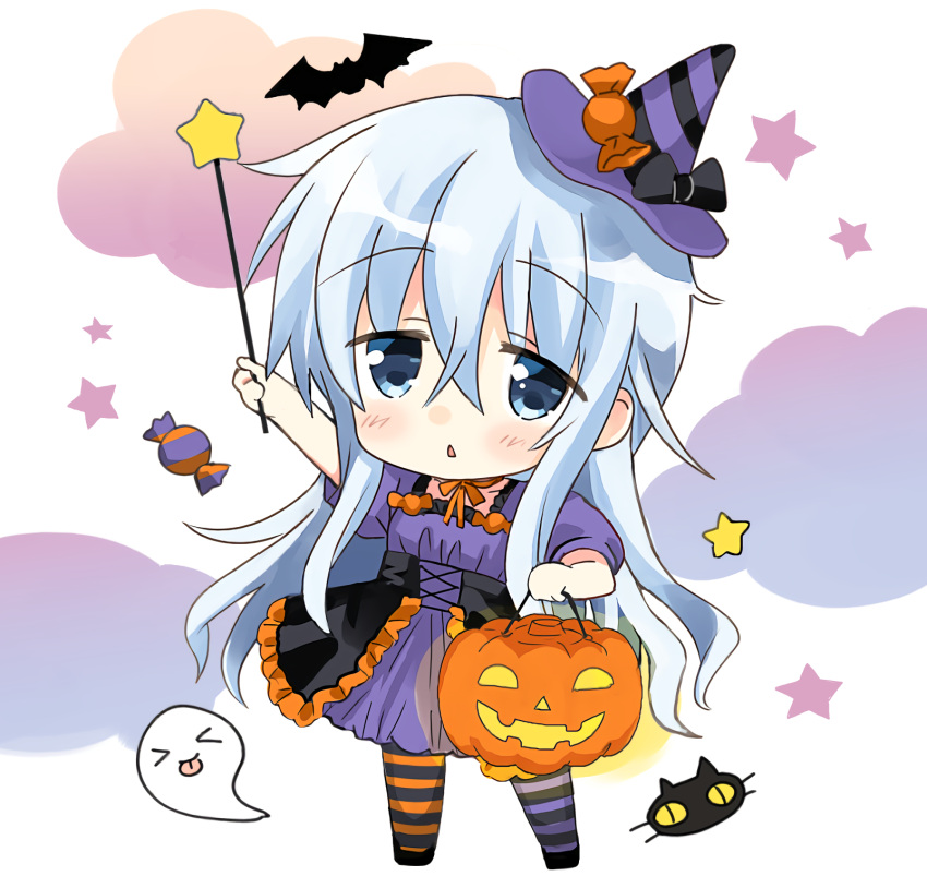1girl alternate_costume bat black_cat blue_eyes candy cat chibi clouds commentary_request dress food full_body ghost hat hibiki_(kantai_collection) highres hizuki_yayoi jack-o'-lantern kantai_collection long_hair purple_dress silver_hair solo standing striped striped_legwear triangle_mouth wand witch_hat