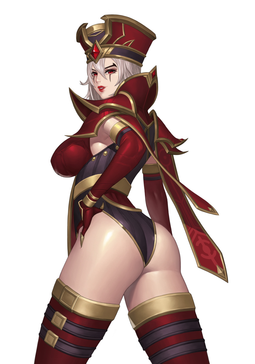 1girl absurdres armor ass bangs breasts elbow_gloves facial_mark from_behind gloves hand_on_hip hat heroes_of_the_storm highres karmiel large_breasts leotard lips lipstick looking_at_viewer looking_back makeup parted_lips red_eyes sally_whitemane shiny shiny_skin short_hair shoulder_armor simple_background smile solo thigh-highs thighs warcraft white_background white_hair world_of_warcraft