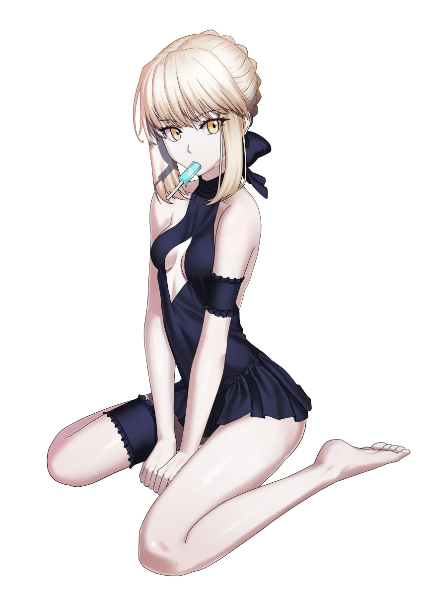 absurdres artoria_pendragon_(all) between_legs blonde_hair braid breasts cleavage eyebrows_visible_through_hair fate/grand_order fate_(series) food french_braid hand_between_legs highres matoi92 mouth_hold popsicle saber saber_alter sitting small_breasts thigh_strap wariza white_background