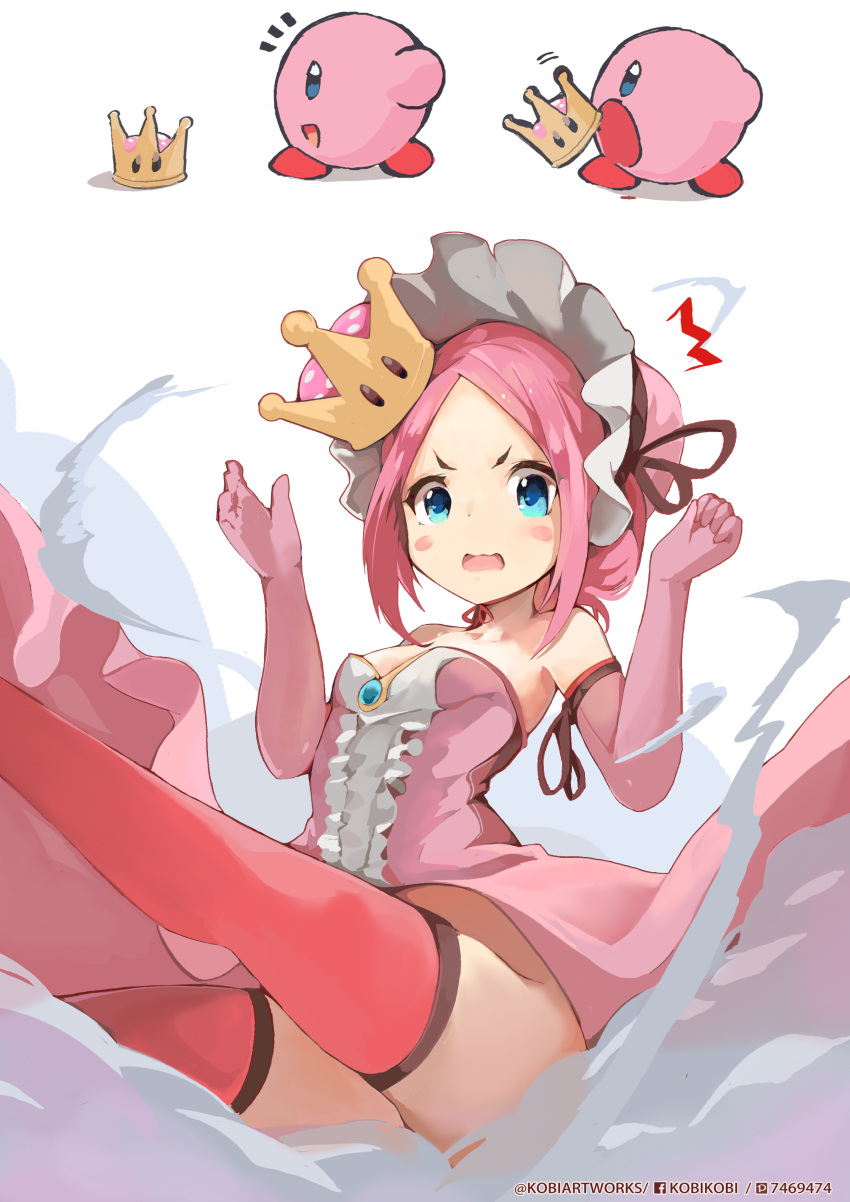 /\/\/\ 1girl absurdres artist_name bangs bare_shoulders blue_brooch blue_eyes blush_stickers bonnet breasts clenched_hand collarbone commentary crown dress elbow_gloves facebook_username frilled_dress frilled_hat frills gloves hat highres kirby kirby_(series) looking_at_viewer super_mario_bros. mini_crown new_super_mario_bros._u_deluxe nintendo no_panties open_mouth outstretched_leg parted_bangs personification piliheros2000 pink_dress pink_gloves pink_hair pink_hat pixiv_id revision ribbon-trimmed_gloves ribbon-trimmed_legwear ribbon_trim sidelocks simple_background small_breasts strapless strapless_dress super_crown surprised thigh-highs transformation twitter_username v-shaped_eyebrows w_arms wavy_mouth white_background