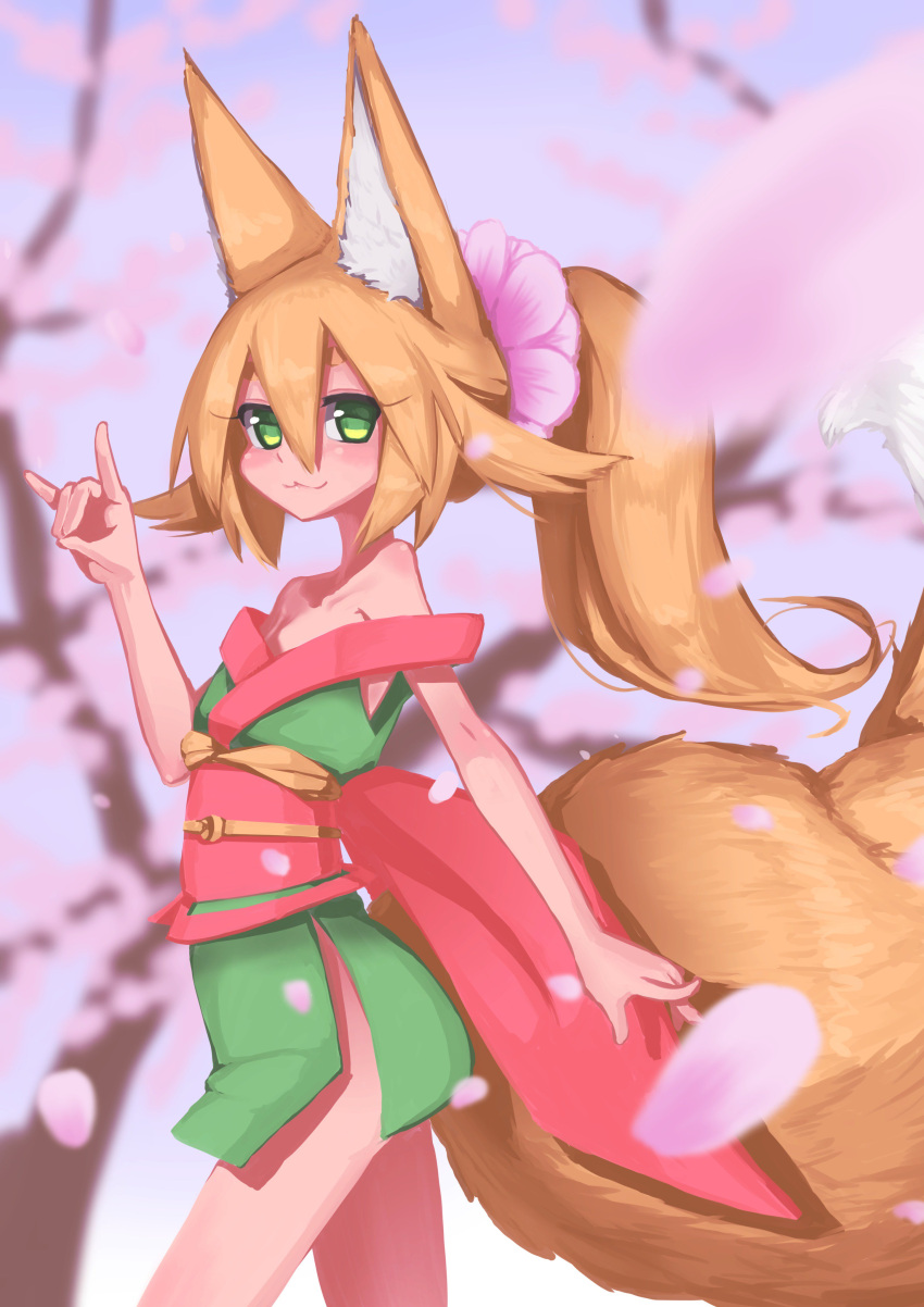 1girl :3 absurdres akatsuki_urara animal_ear_fluff animal_ears bare_shoulders blonde_hair cherry_blossoms day flower fox_shadow_puppet fukutchi green_eyes hair_between_eyes hair_flower hair_ornament highres japanese_clothes kimono looking_at_viewer obi original outdoors petals ponytail sash short_kimono short_yukata sleeveless solo tree walking yukata