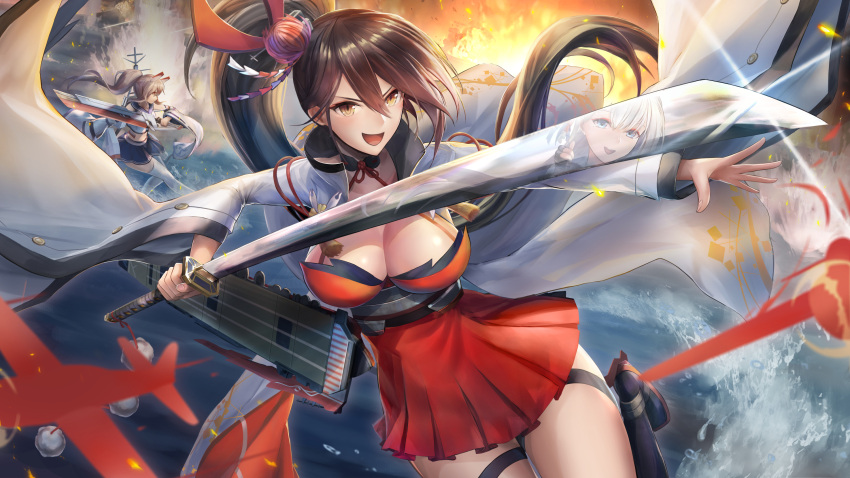 3girls :d aircraft airplane ayanami_(azur_lane) azur_lane bangs bare_shoulders black_gloves blue_eyes blush breasts brown_hair cleavage collarbone dress explosion eyebrows_visible_through_hair fingerless_gloves flight_deck floating_hair glint gloves hair_between_eyes hair_ornament headgear high_ponytail highres holding holding_sword holding_weapon japanese_clothes katana kimono large_breasts leg_up long_hair long_sleeves looking_at_viewer machinery mole mole_under_eye morichika_shuuto multiple_girls navel open_mouth outstretched_arm pleated_skirt ponytail red_eyes reflection rigging rudder_shoes school_uniform serafuku shikigami shirt shoukaku_(azur_lane) side_ponytail sidelocks silver_hair skirt smile splashing sword tassel thigh-highs thigh_strap thumbs_up very_long_hair water weapon white_legwear wide_sleeves yellow_eyes zuikaku_(azur_lane)