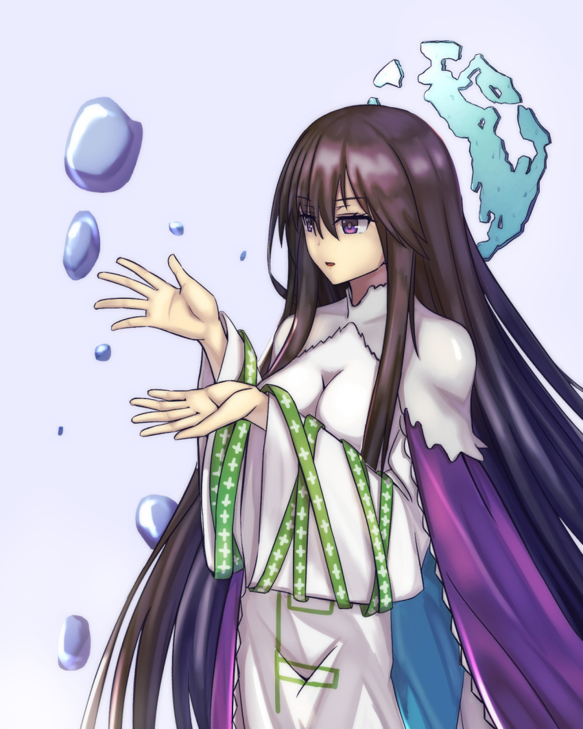 1girl bangs black_hair breasts bubble cape cowboy_shot elfenlied22 eyebrows_visible_through_hair hair_between_eyes highres houshin_engi large_breasts long_hair open_palms outstretched_hand purple_cape ryuukitsu_koushu simple_background solo violet_eyes water wide_sleeves