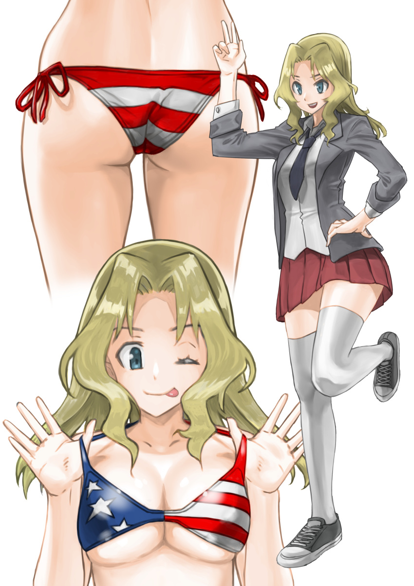 1girl ;p american_flag_bikini ass bikini bikini_lift black_neckwear blazer blonde_hair blouse blue_eyes breasts collared_blouse commentary cropped_legs cross-laced_footwear flag_print girls_und_panzer grey_jacket hair_intakes hand_on_hip highres jacket kay_(girls_und_panzer) leg_up lifted_by_self long_hair long_sleeves looking_at_viewer loose_necktie medium_breasts miniskirt multiple_views necktie one_eye_closed open_clothes open_jacket pleated_skirt red_skirt saunders_school_uniform school_uniform shoes side-tie_bikini simple_background skirt sleeves_rolled_up sneakers standing standing_on_one_leg swimsuit thigh-highs tongue tongue_out under_boob waving white_background white_blouse white_legwear yamano_rita