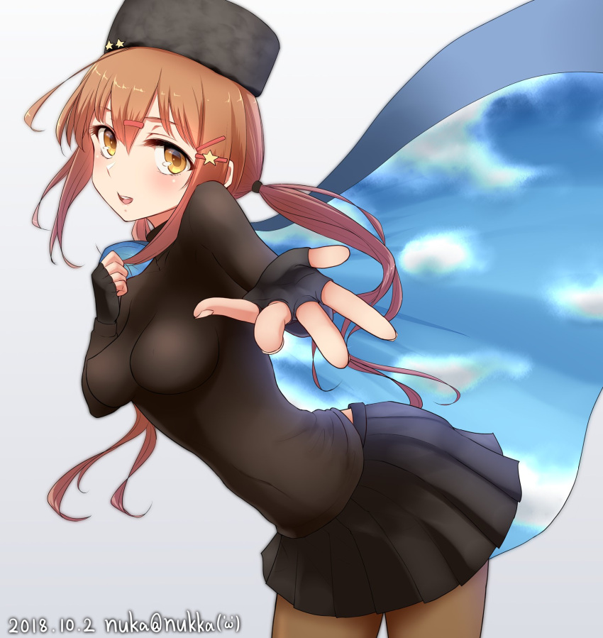 1girl black_gloves black_skirt blue_shawl blue_sky blush breasts brown_eyes brown_hair brown_legwear eyebrows_visible_through_hair fingerless_gloves gloves grey_hair hair_between_eyes hair_ornament hairclip highres kantai_collection looking_at_viewer medium_breasts miniskirt nuka_(nvkka) open_mouth pantyhose papakha russian_clothes shawl simple_background skirt sky solo tashkent_(kantai_collection) twintails twitter_username