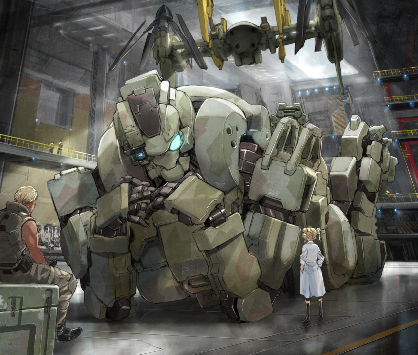 1boy 1girl aqua_eyes blonde_hair commentary_request double_bun from_behind glowing glowing_eyes hands_in_pockets highres labcoat lying mecha military on_stomach original propeller sadamatsu_ryuuichi sitting standing