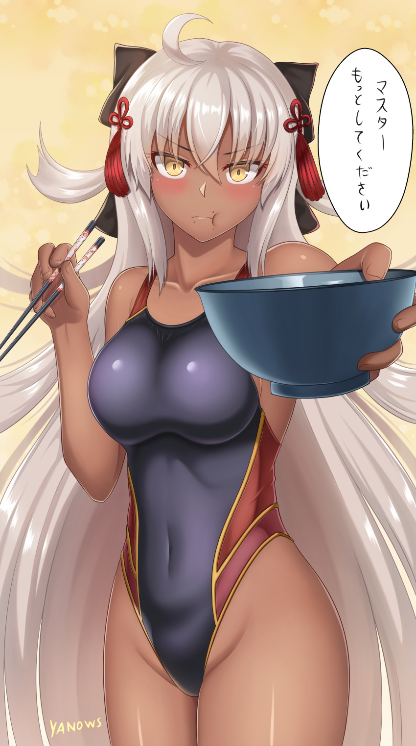 1girl absurdres artist_name black_swimsuit bowl breasts competition_swimsuit covered_navel cowboy_shot dark_skin fate/grand_order fate_(series) highleg highleg_swimsuit highres koha-ace long_hair looking_at_viewer medium_breasts okita_souji_(alter)_(fate) okita_souji_(fate)_(all) one-piece_swimsuit perspective solo standing swimsuit tied_hair translated white_hair yanows yellow_eyes